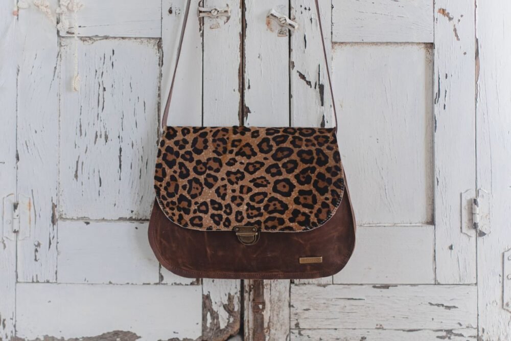 Bolso Piel Leopardo Artesano, Bolso de Cuero Negro Hecho a Mano Leopardo, Bolso Marrón Piel Negro, Bolso de Mujer Leonika