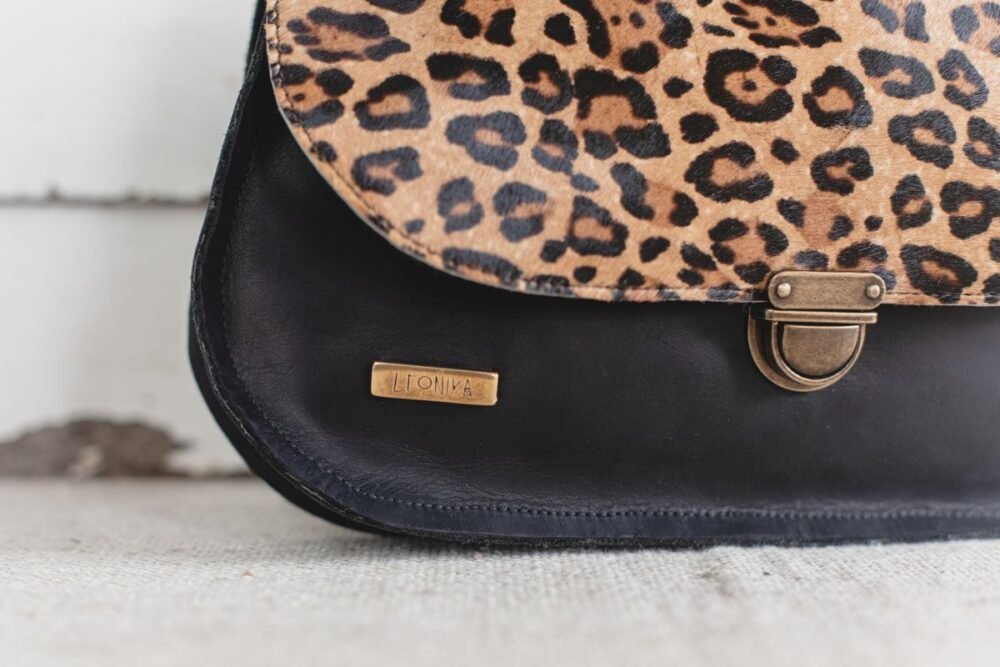 Bolso Piel Leopardo Artesano, Bolso de Cuero Negro Hecho a Mano Leopardo, Bolso Marrón Piel Negro, Bolso de Mujer Leonika